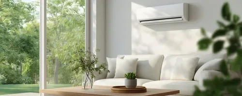 Calm, bright lounge with a wall-mounted air conditioner