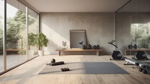 Gym studio with large windows and exercise equipment