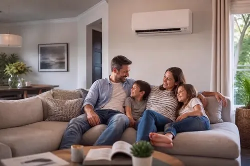Family on a sofa in a living room with a wall-mounted air conditioner
