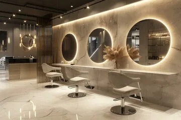Modern hair salon with styling chairs and mirrors
